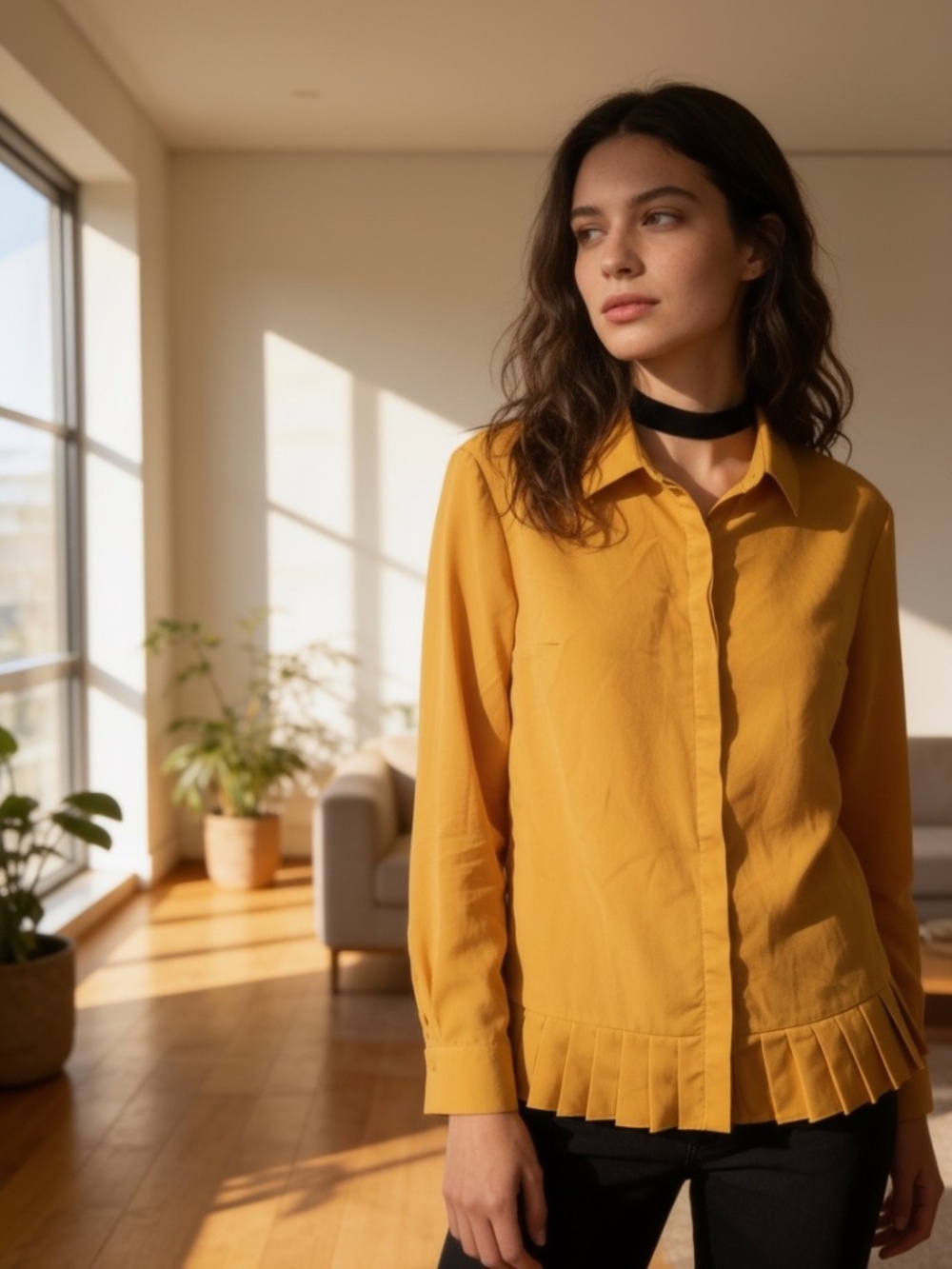 French Connection Button Front Blouse in Mustard Yellow and Size 4